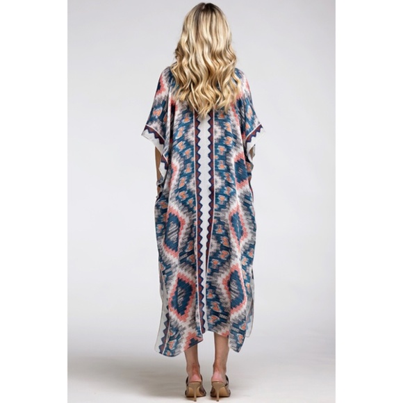Beige Multi Long Open Front Aztec Tribal Pattern Kimono Wrap Coverup Top - Picture 5 of 5